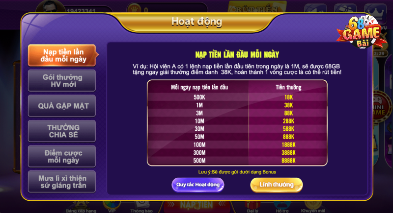 Chương trình khuyến mãi 68 game bài dành cho hội viên