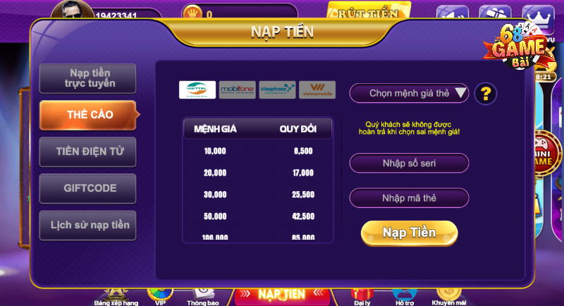 Nạp tiền 68 game bài qua thẻ cào